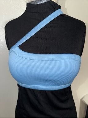 Zaful Light Blue One-Shoulder Ribbed Bandeau Top